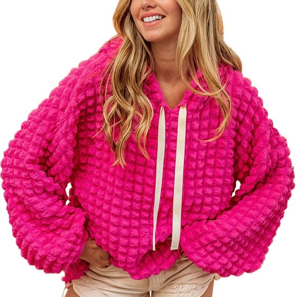 COPY - Rose Waffle Textured Drawstring Pullover Hoodie - - Picture 3 of 15